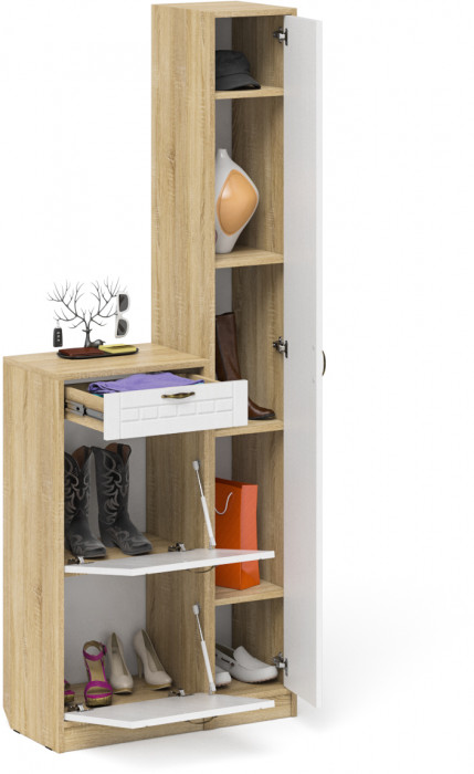 Прихожая П-6 Компоновка № 22, цвет дуб сонома/фасады МДФ белое дерево фрезеровка прованс, ШхГхВ 80х35х210 см., универсальная сборка