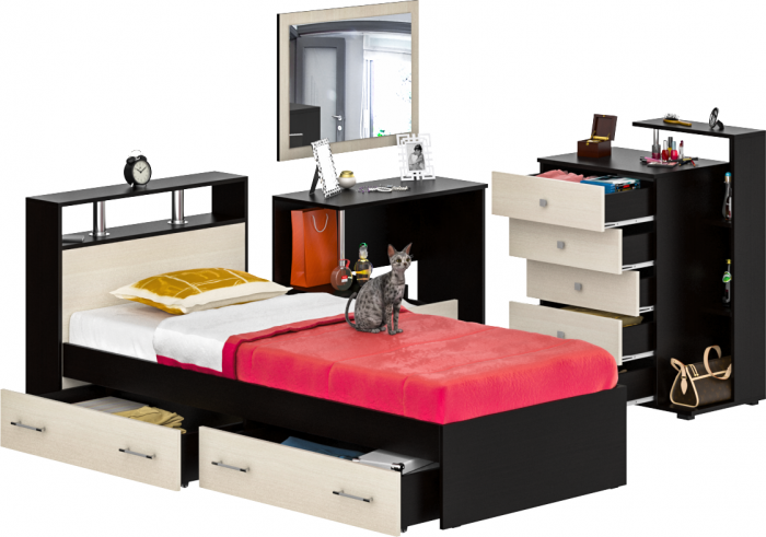 Камелия спальня № 14 Кровать с ящиками 900 + Стол косметический + Зеркало + Комод, венге/дуб лоредо