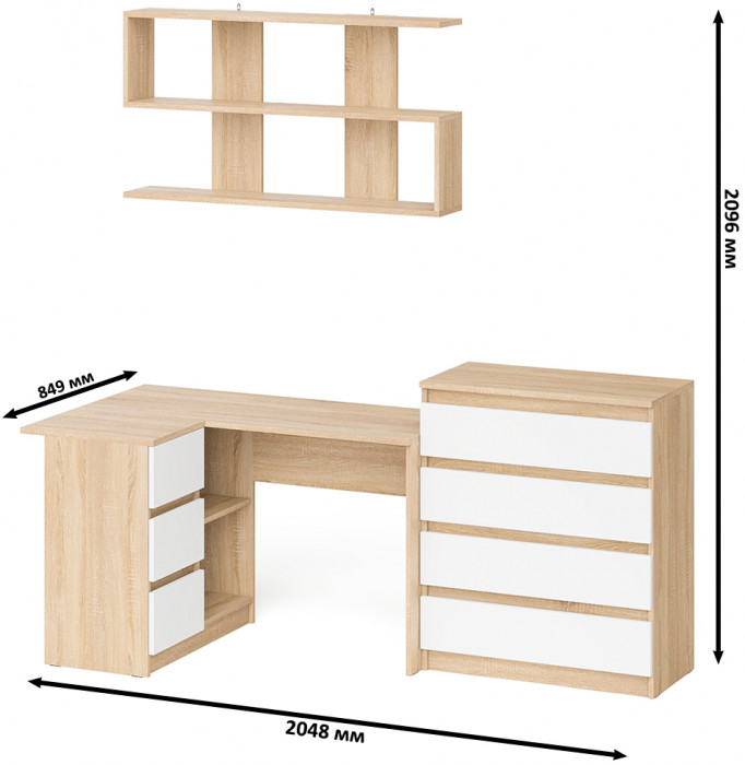 Мори компьютерный стол МС-16 левый + Комод МК800.4 + Полка 1200, дуб сонома/белый