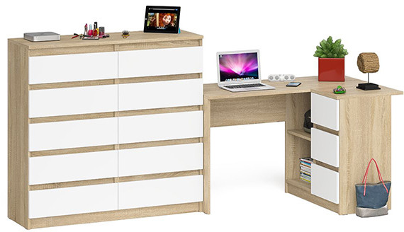 Мори компьютерный стол МС-16 правый + Комод МК1200.10, дуб сонома/белый