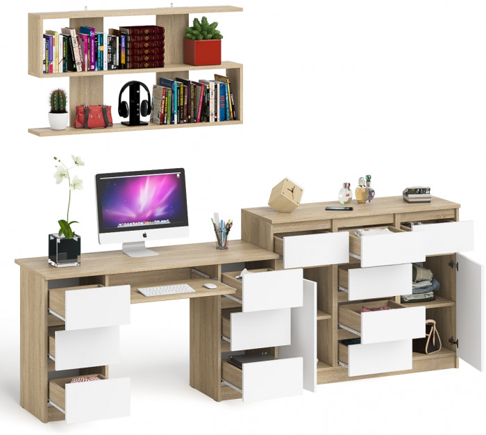 Мори компьютерный стол МС-2 + Комод МК1200.4 + Полка 1200, дуб сонома/белый