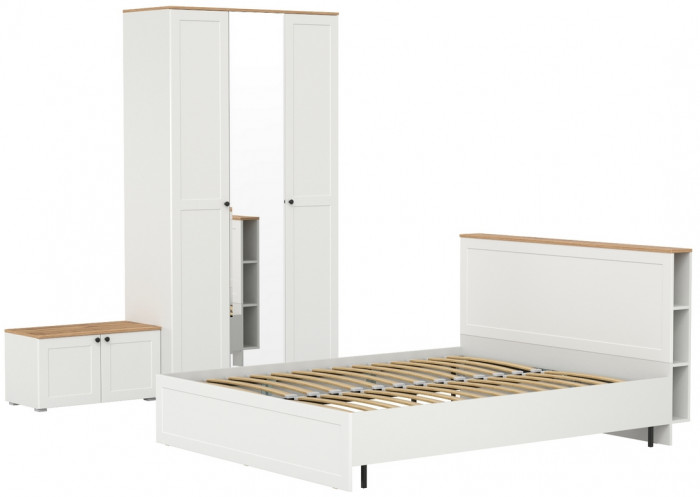 Остин 11.53 Кровать + ортопед + 13.336.03 Шкаф для одежды + 13.257 Тумба, белый шагрень/дуб крафт золотой