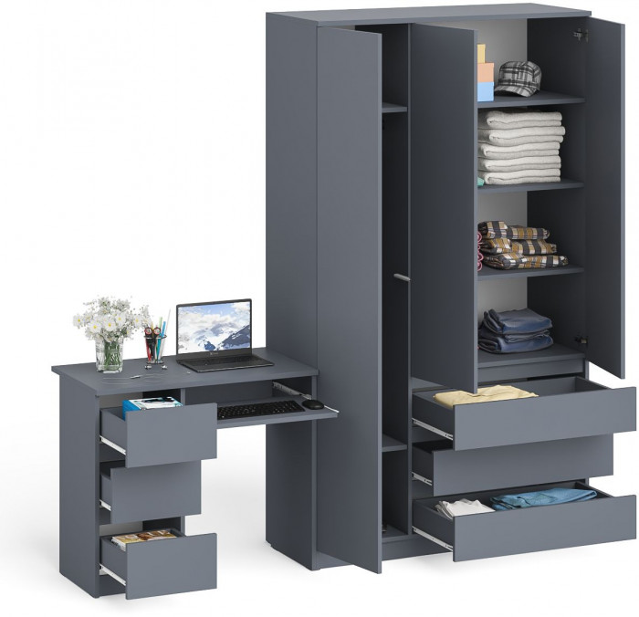 Мори Стол компьютерный МС-6 левый + Шкаф МШ1200.1, цвет графит, ШхГхВ 210,4х50,4х209,6 см., выдвижные ящики слева, НЕ универсальная сборка