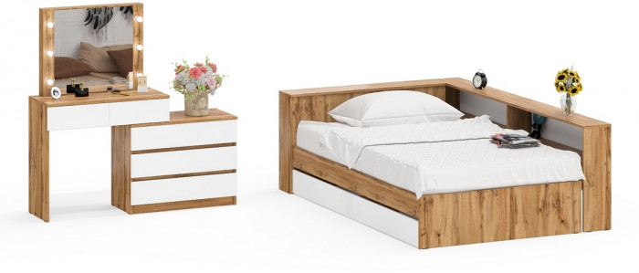 Ксения Кровать с ящиками 1200 + прикроватный блок + Столик с подсветкой 110, дуб вотан/белый