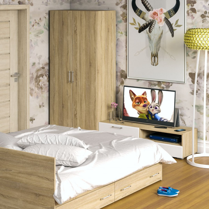 Спальня Стандарт 3-1800Я, дуб сонома/фасады ТВ тумбы МДФ белый глянец