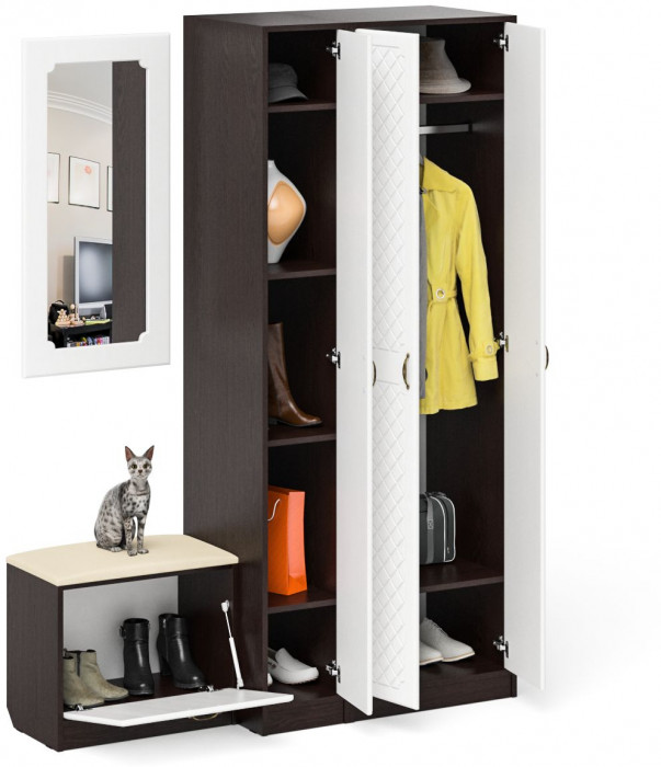 Прихожая П-6 Компоновка № 46, цвет венге/фасады МДФ белое дерево фрезеровка ромб, ШхГхВ 150х50х210 см., универсальная сборка