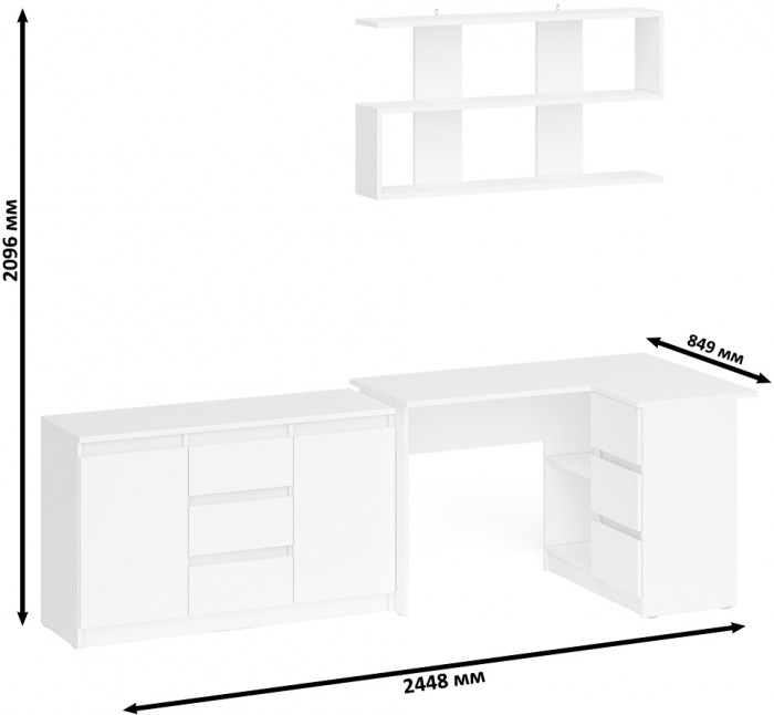 Мори компьютерный стол МС-16 правый + Комод МК1200.3 + Полка 1200, белый