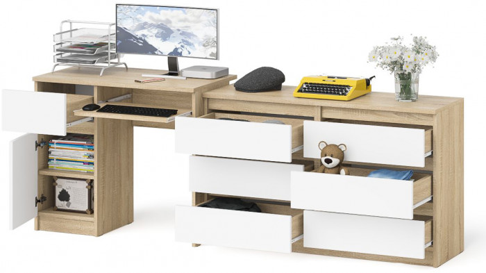 Мори Стол компьютерный МС-1 левый + Комод МК1200.6, цвет дуб сонома/белый, ШхГхВ 210,4х50х76,6 см., выдвижной ящик слева, НЕ универсальная сборка