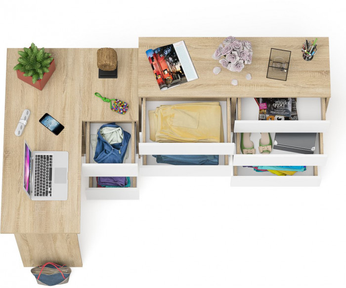 Мори Стол компьютерный МС-16 правый + Комод МК1200.8, цвет дуб сонома/белый, ШхГхВ 244,8х84,9х94 см., выдвижные ящики справа, НЕ универсальная сборка