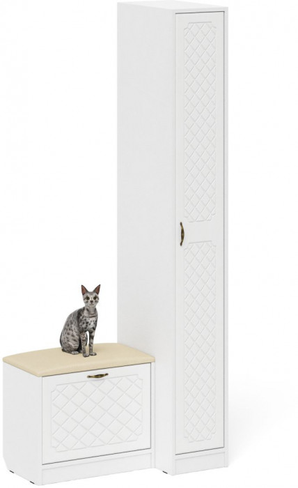 Прихожая П-6 Компоновка № 39, цвет белая шагрень/фасады МДФ белое дерево фрезеровка ромб, ШхГхВ 90х50х210 см., универсальная сборка