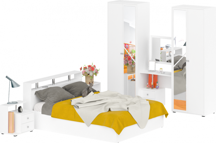 Камелия спальня № 2 Кровать 1600 + Две тумбы + Стол косметич. + Зеркало + Шкаф 4-х, белый