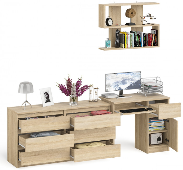 Мори Стол компьютерный МС-1 правый + Комод МК1380.6 + Полка 900, цвет дуб сонома, ШхГхВ 228х50х209,6 см., НЕ универсальная сборка