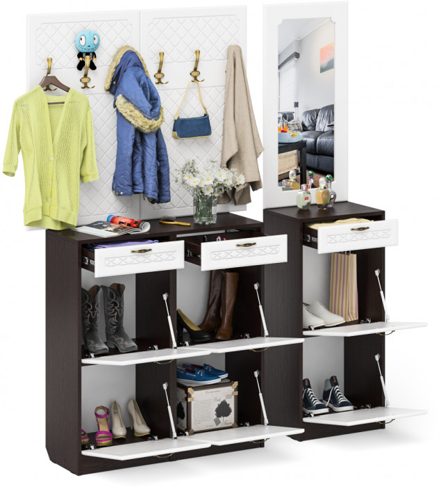 Прихожая П-6 Компоновка № 06, цвет венге/фасады МДФ белое дерево фрезеровка ромб, ШхГхВ 170х35х200 см., универсальная сборка