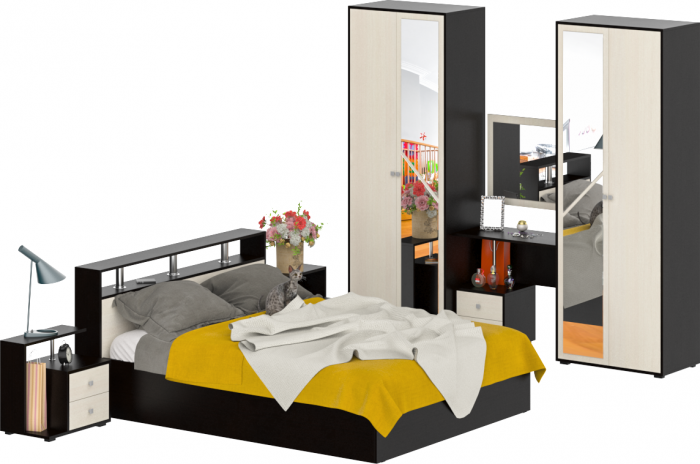 Камелия спальня № 2 Кровать 1600 + Две тумбы + Стол косметич. + Зеркало + Шкаф 4-х, венге/дуб лоредо