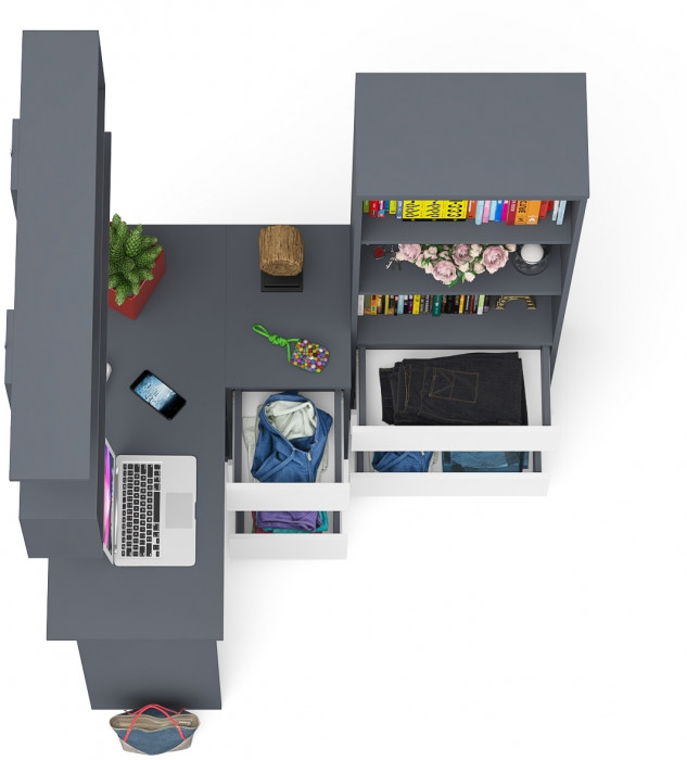 Мори компьютерный стол МС-16 правый + Стеллаж МСТ600.3 + Полка 1200, графит/белый