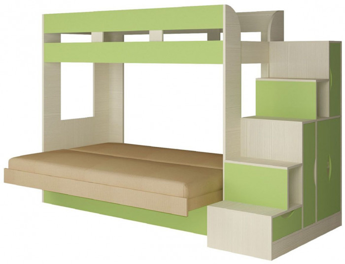 Карамель 75-01 Кровать-чердак Зеленый / Бодега светлый / Велюр Бежевый