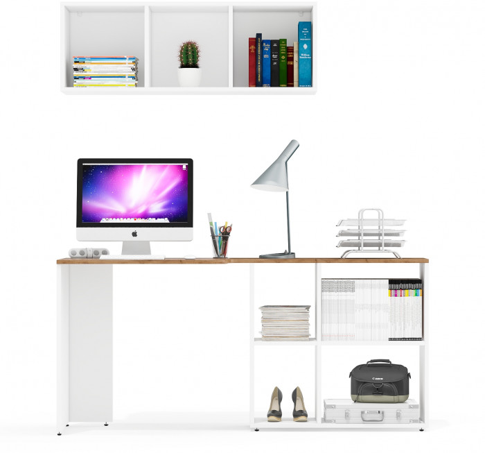 Лидер-8 Стол + Полка, цвет белый шагрень/крафт золото, ШхГхВ 165х50/30х190 см. или 115х50/80х190 см., НЕ универсальная сборка