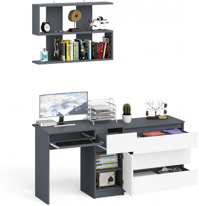 Мори Стол компьютерный МС-1 правый + Комод МК800.1 + Полка 900, цвет графит/белый, ШхГхВ 170,4х50х209,6 см., НЕ универсальная сборка