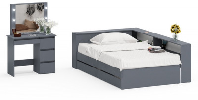 Ксения Кровать с ящиками 1200 + прикроватный блок + Столик с подсветкой Сура, графит