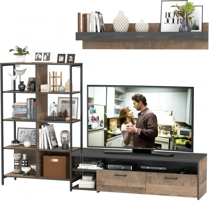 Трувор 13.70 Тумба под ТВ + 13.151.02 Стеллаж + 15.60 Полка, цвет дуб гранж песочный/интра, ШхГхВ 239,8х45,4х146 см., универсальная сборка