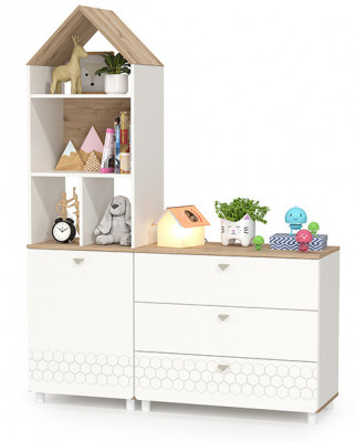 Эйп 13.14 Стеллаж + 13.322 Комод, цвет белый/дуб белый, ШхГхВ 138х41,5х183,8 см., универсальная сборка