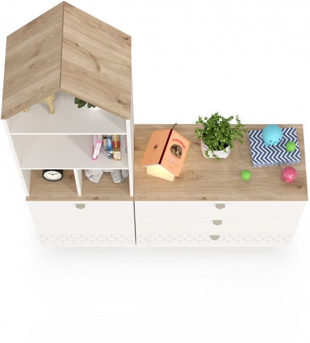 Эйп 13.14 Стеллаж + 13.322 Комод, цвет белый/дуб белый, ШхГхВ 138х41,5х183,8 см., универсальная сборка