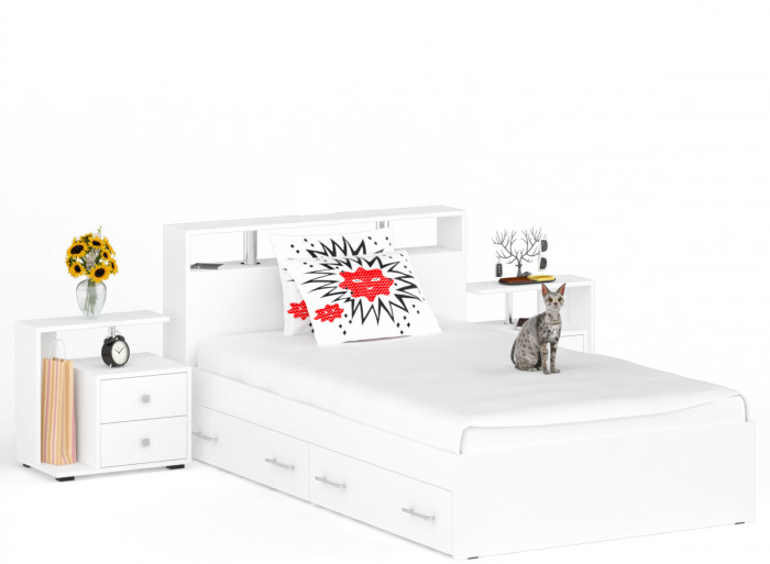 Камелия Кровать с ящиками 1200 + две тумбы, цвет белый, ШхГхВ 236х217х78,2 см., сп.м. 1200х2000 мм., без матраса, основание есть