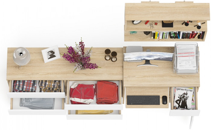 Мори Стол компьютерный МС-1 правый + Комод МК1380.6 + Полка 900, цвет дуб сонома/белый, ШхГхВ 228х50х209,6 см., НЕ универсальная сборка