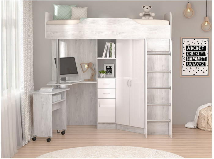 Кровать-чердак Бриз-1 80х190 (Бетон Светлый / Камень Темный)