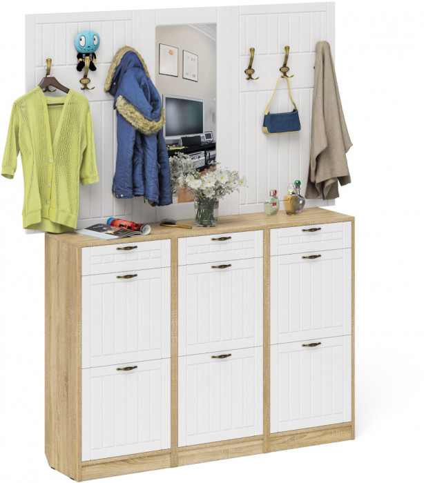 Прихожая П-6 Компоновка № 06, цвет дуб сонома/фасады МДФ белое дерево фрезеровка прованс, ШхГхВ 170х35х200 см., универсальная сборка