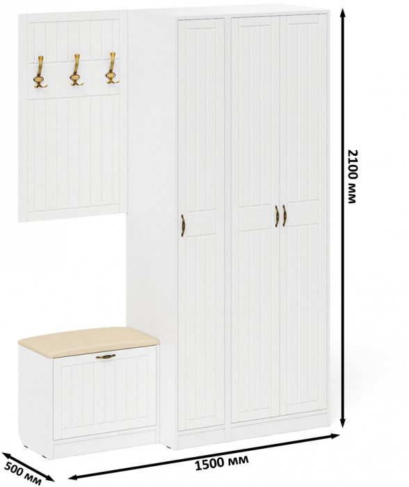 Прихожая П-6 Компоновка № 47, цвет белая шагрень/фасады МДФ белое дерево фрезеровка прованс, ШхГхВ 150х50х210 см., универсальная сборка