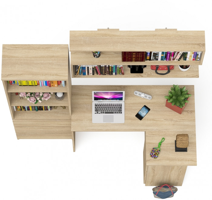 Мори компьютерный стол МС-16 правый + Стеллаж МСТ600.3 + Полка 1200, дуб сонома