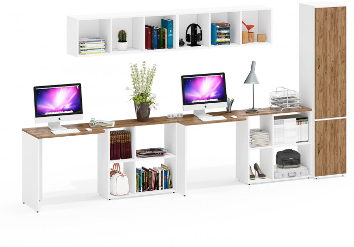 Лидер-8 Стол + Полка + Стол + Полка + Пенал МД 21Б, цвет белый шагрень/крафт золото, ШхГхВ 370х50/37,5х75/190 или 230х50/120х75/190 см., НЕ ун. сборка