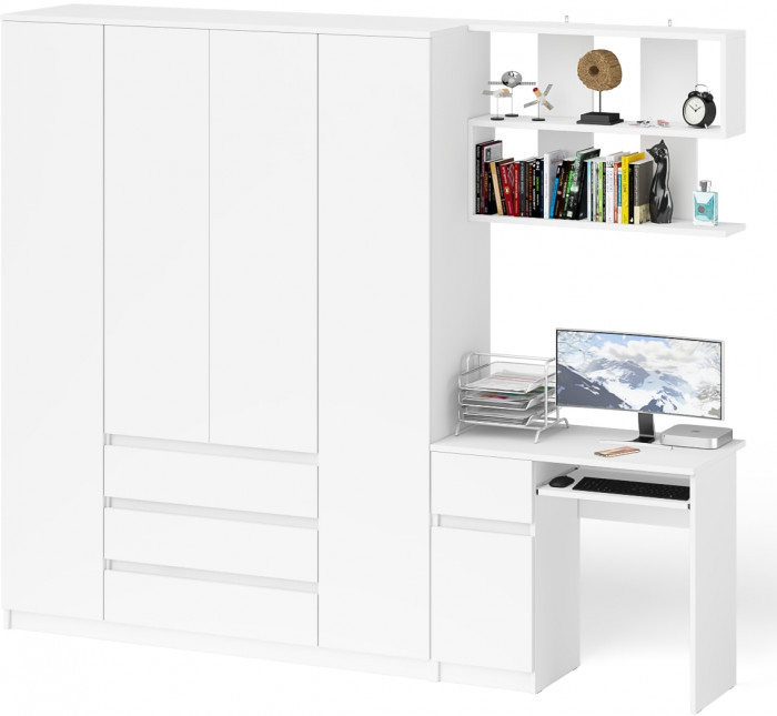 Мори Стол компьютерный МС-1 левый + Шкаф МШ1600.1 + Полка 900, цвет белый, ШхГхВ 250,4х50,4х209,6 см., НЕ универсальная сборка