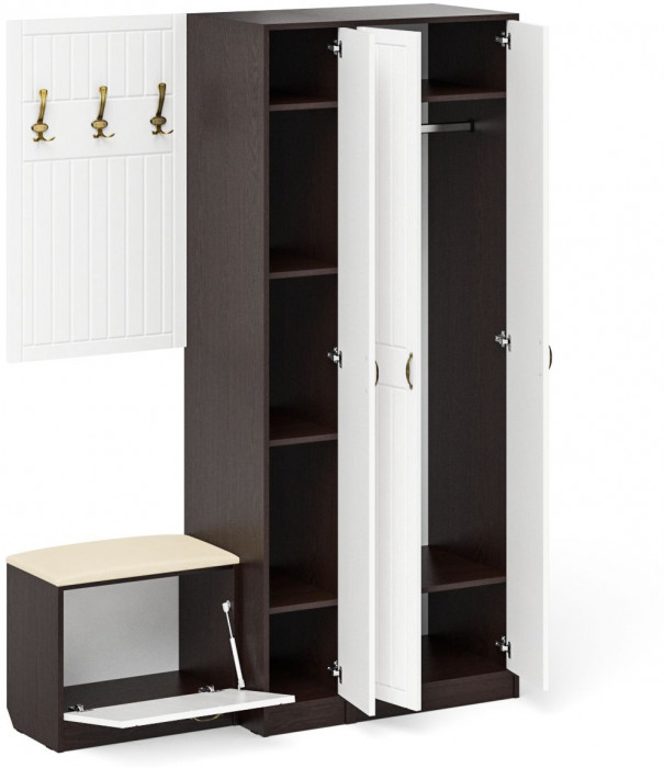 Прихожая П-6 Компоновка № 47, венге/фасады МДФ белое дерево фрезеровка прованс