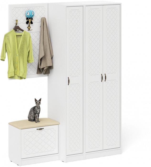 Прихожая П-6 Компоновка № 47, цвет белая шагрень/фасады МДФ белое дерево фрезеровка ромб, ШхГхВ 150х50х210 см., универсальная сборка