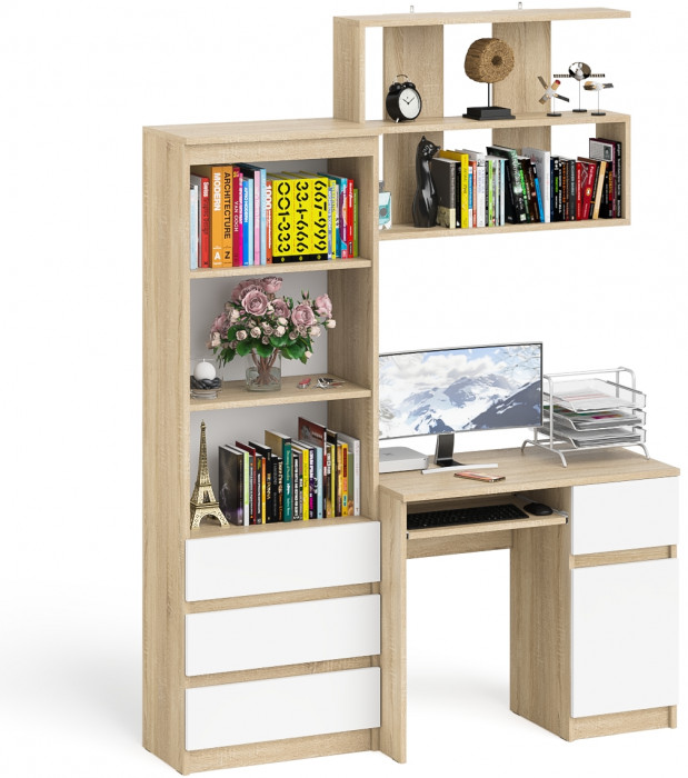 Мори компьютерный стол МС-1 правый + Стеллаж МСТ600.3 + Полка 900, дуб сонома/белый