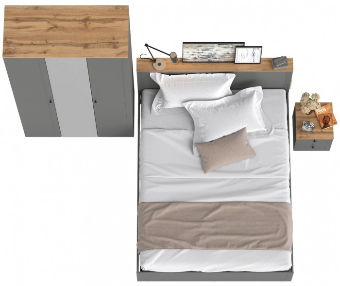 Остин 11.53 Кровать + ортопед + 13.336.03 Шкаф для одежды + 16.152 Тумба прикроватная, серый графит/дуб крафт золотой