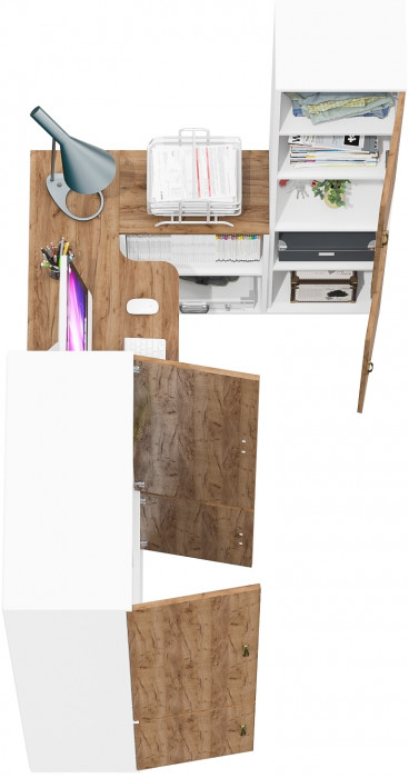 Лидер-8 Шкаф МД 20Б + Стол + Пенал, цвет белый шагрень/крафт золото, ШхГхВ 285х50/37,5х75/190 или 195х120х75/190 см., НЕ универсальная сборка