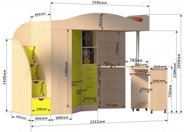 Кровать-чердак Юниор 4 (Дуб молочный/Оранжевый)
