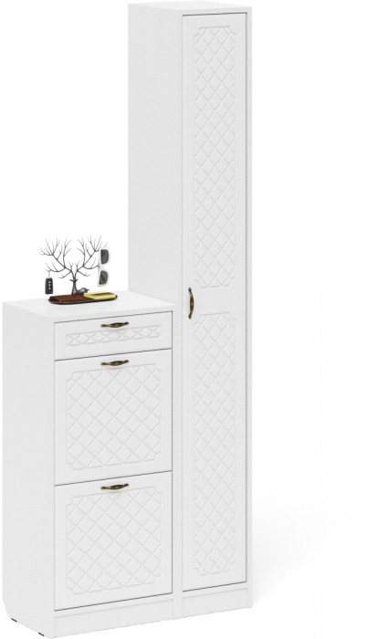 Прихожая П-6 Компоновка № 22, белая шагрень/фасады МДФ белое дерево фрезеровка ромб