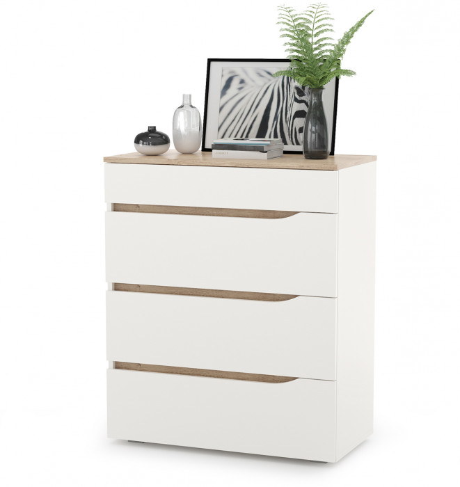 Муссон 13.97 Комод + Зеркало СВК, цвет белый/дуб эндгрейн элегантный, ШхГхВ 77х39,4х92,6 + 80х2х60 см., четыре выдвижных ящика, ручки-вырезы