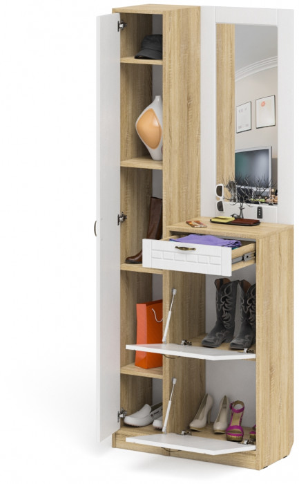 Прихожая П-6 Компоновка № 23, цвет дуб сонома/фасады МДФ белое дерево фрезеровка прованс, ШхГхВ 80х35х210 см., универсальная сборка