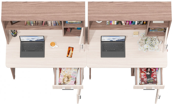 Два стола письменных с надстройкой С-МД-1-09Н, цвет ясень шимо светлый/ясень шимо тёмный, ШхГхВ 210х57х162 см., НЕ универсальная сборка