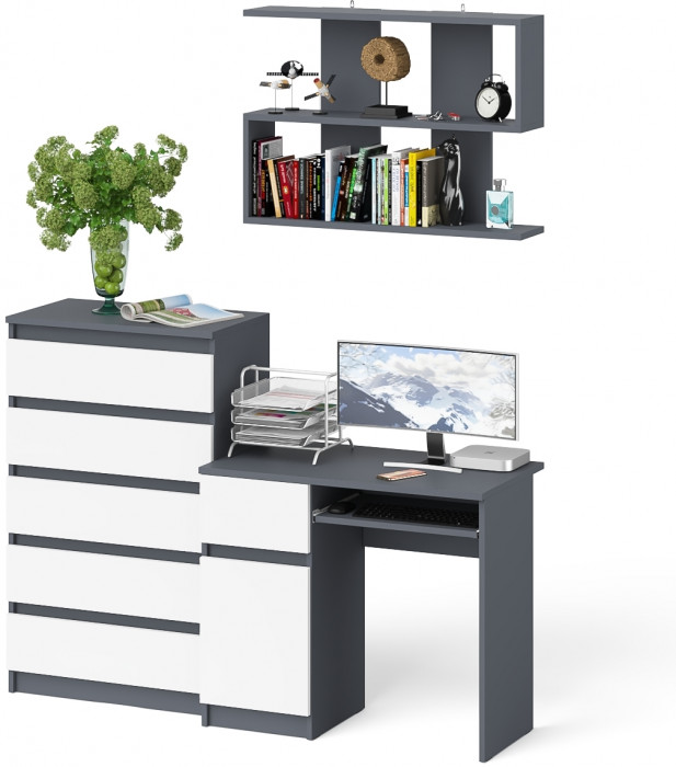 Мори Стол компьютерный МС-1 левый + Комод МК700.5 + Полка 900, цвет графит/белый, ШхГхВ 160,4х50х209,6 см., НЕ универсальная сборка