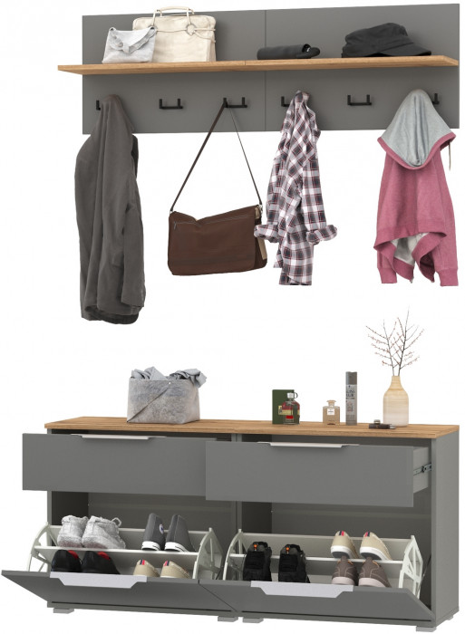 Октава Прихожая 03, цвет серый графит/дуб крафт золотой/фасады МДФ серый графит, ШхГхВ 129,8х35,4х197 см.