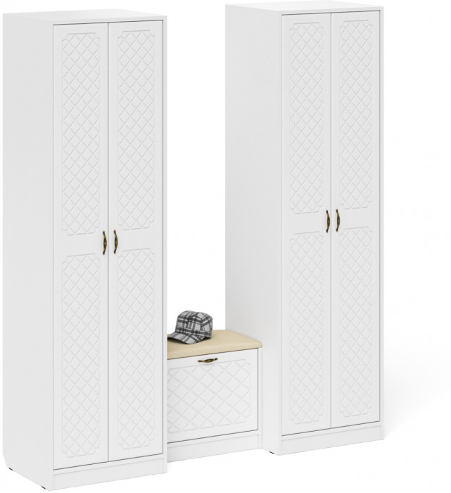 Прихожая П-6 Компоновка № 07, цвет белая шагрень/фасады МДФ белое дерево фрезеровка ромб, ШхГхВ 180х50х210 см., универсальная сборка