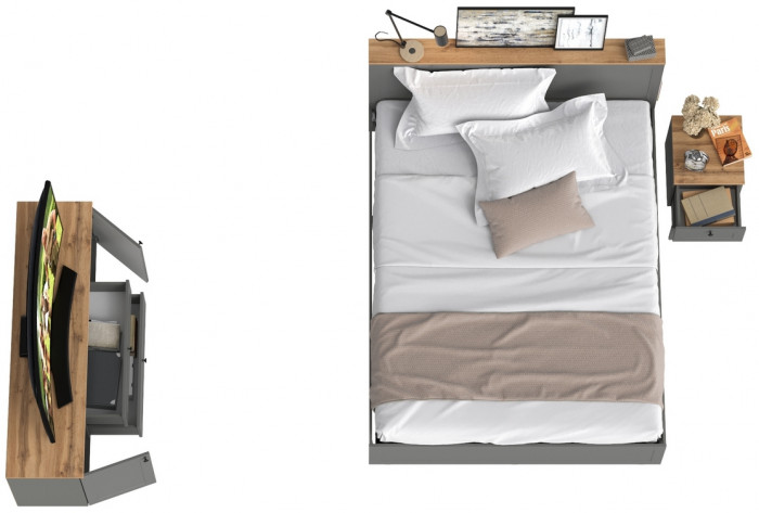 Остин 11.53 Кровать + ортопед + 16.47 Тумба под ТВ + 16.152 Тумба прикроватная, серый графит/дуб крафт золотой