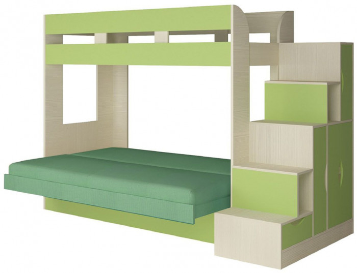 Карамель 75-01 Кровать-чердак Зеленый / Бодега светлый / Велюр Зеленый