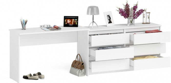 Мори Стол письменный МСП1200.1 + Комод МК1380.6, цвет белый, ШхГхВ 258,4х50х76,6 см., универсальная сборка